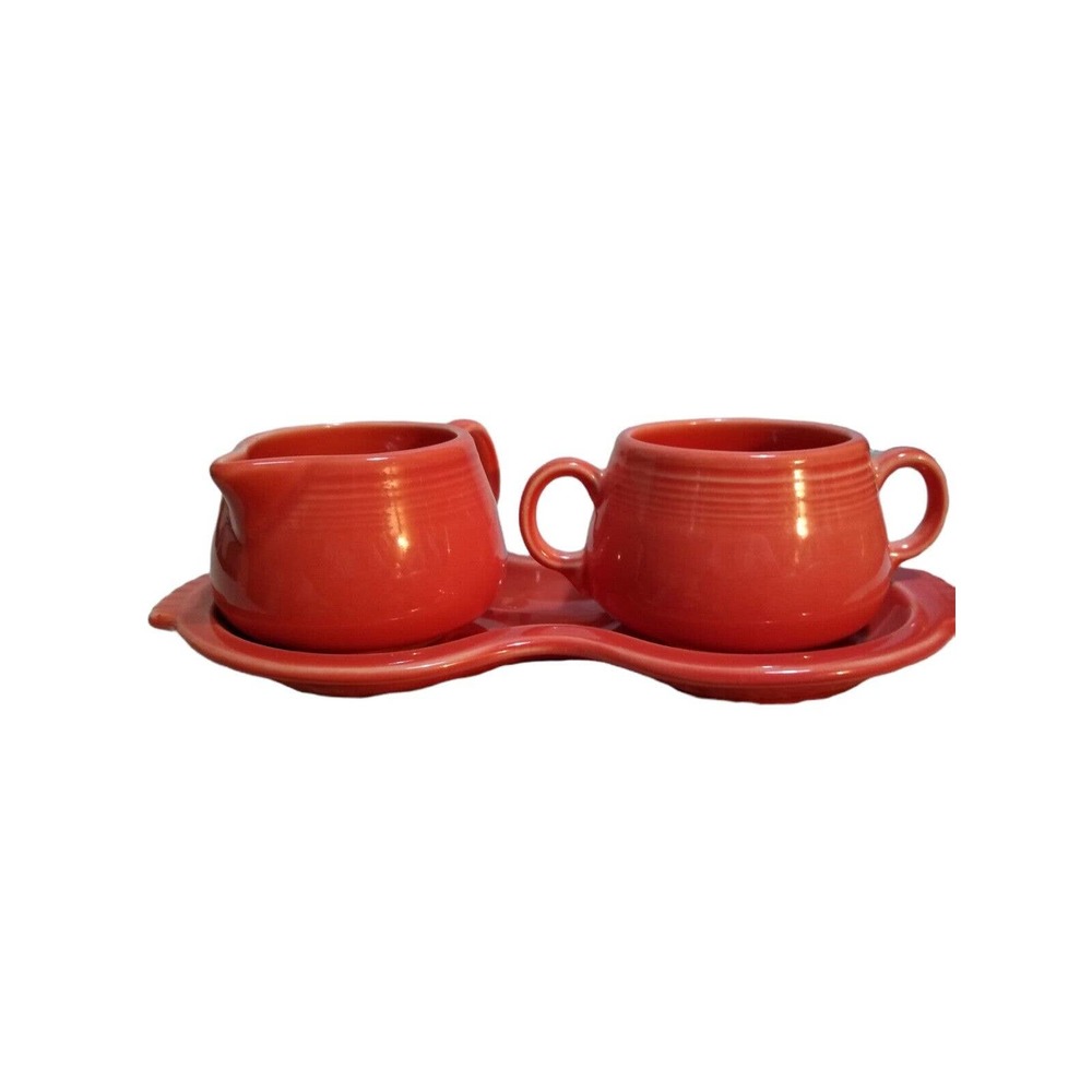 Fiesta Homer Laughlin Coral Orange Sugar Bowl, Creamer & Tray